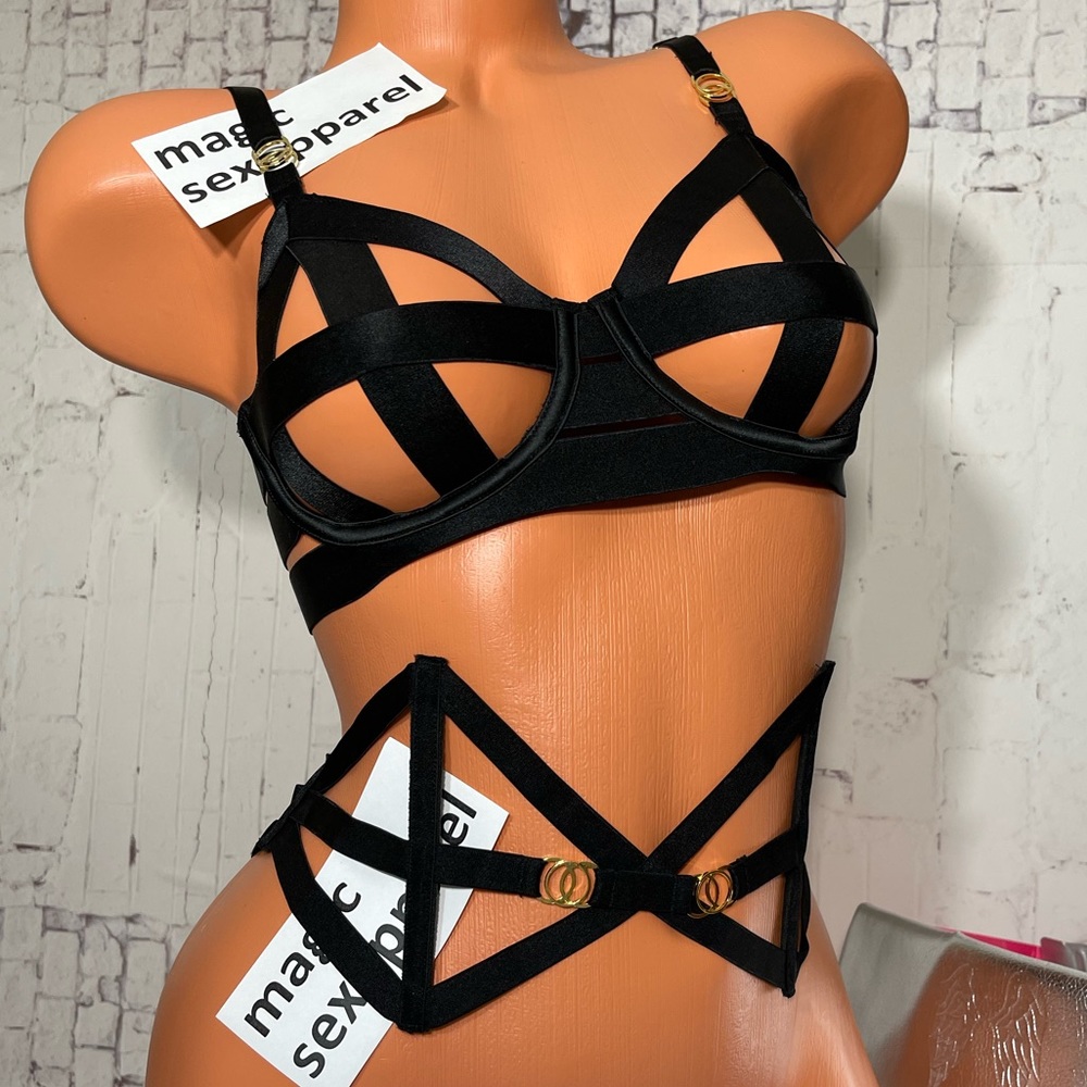 VS LUXE 32 34 36 38 BRA M/L GERTER CAGED STRAPPY BANDED MATCHING SET BRA SET